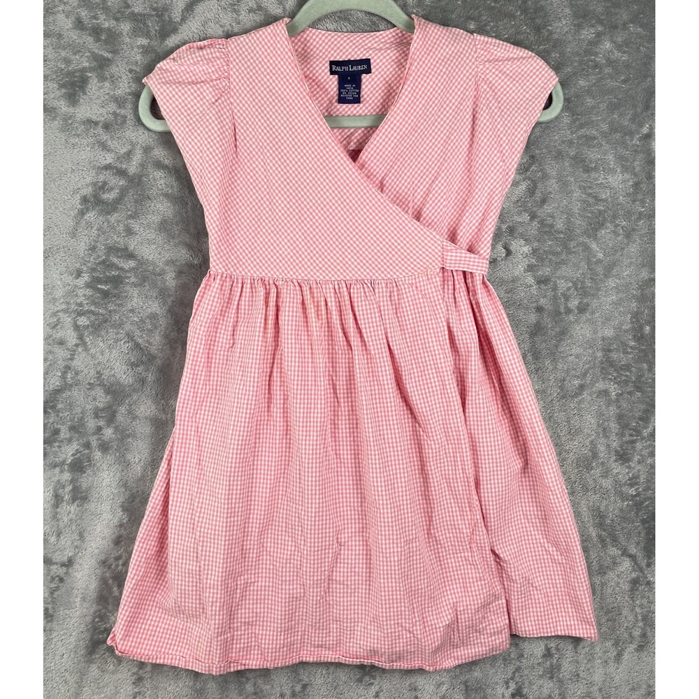 Ralph Lauren Wrap Dress Girls 6X Pink Gingham Plaid Cotton Preppy‎ Spring Summer